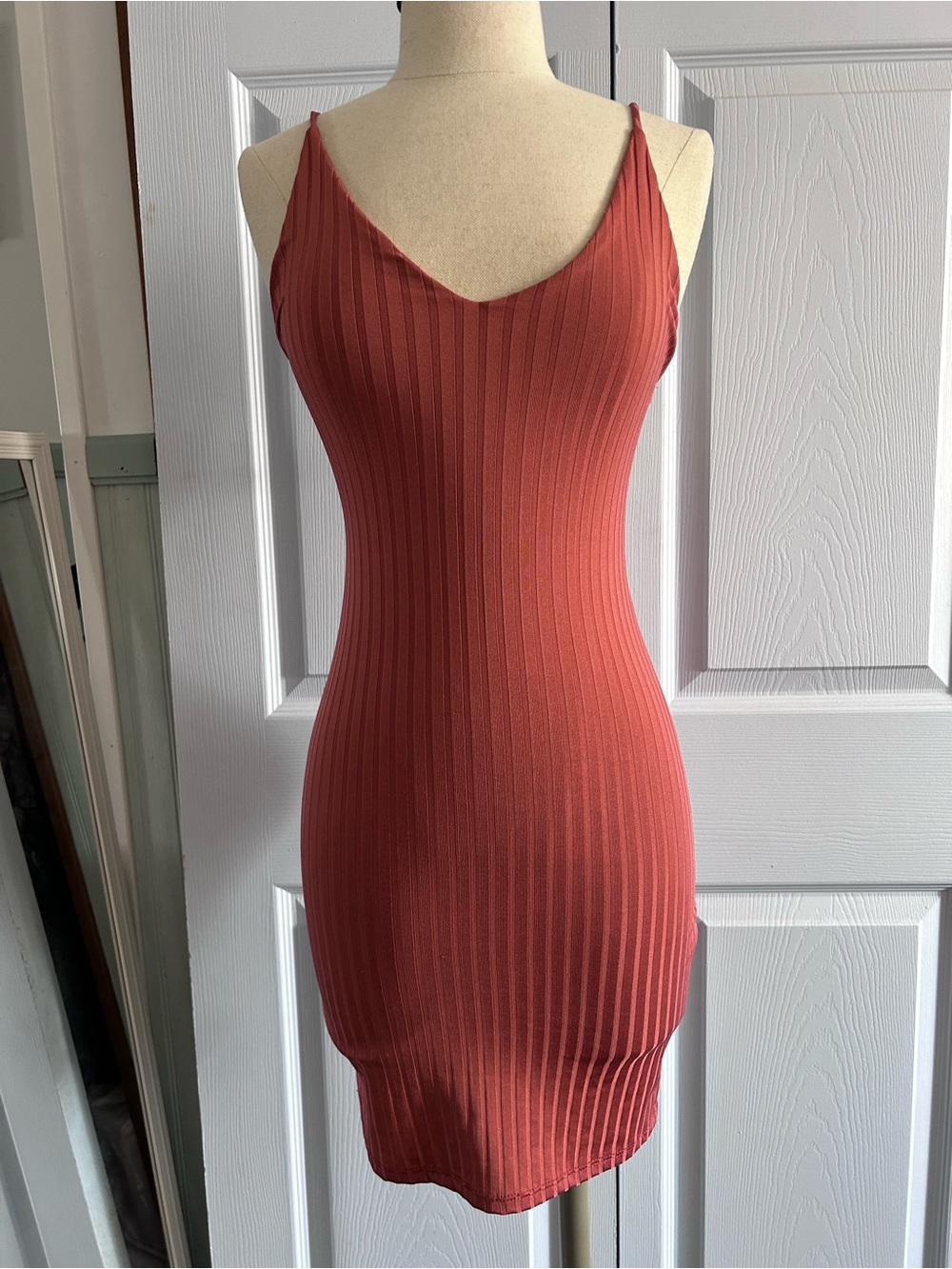 Windsor Ribbed V-Neck Slip Dress in Rust
